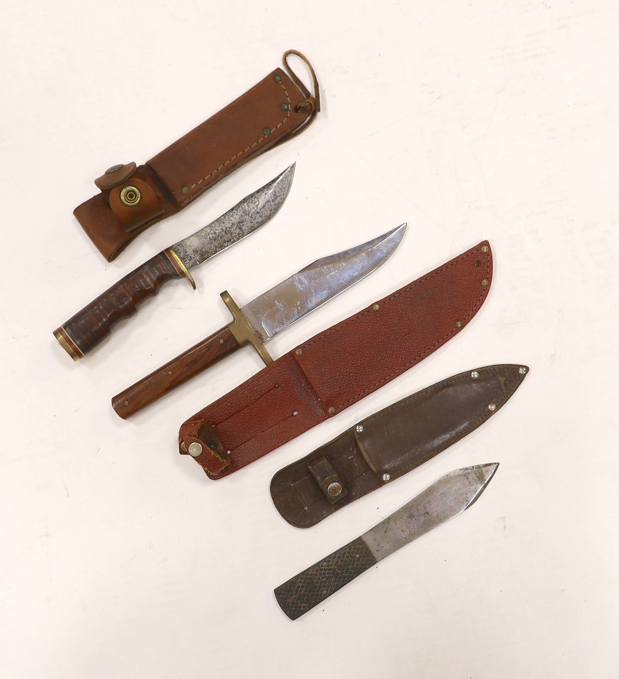 A continental cavalry trooper’s sword c.1780, together with a Legitimus Parang dated 1940 and four other assorted hunting knives